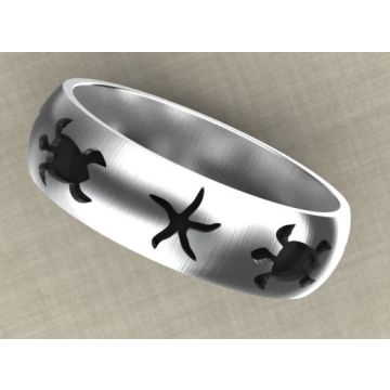 Silver Oxidised Turtle and Starfish Ring